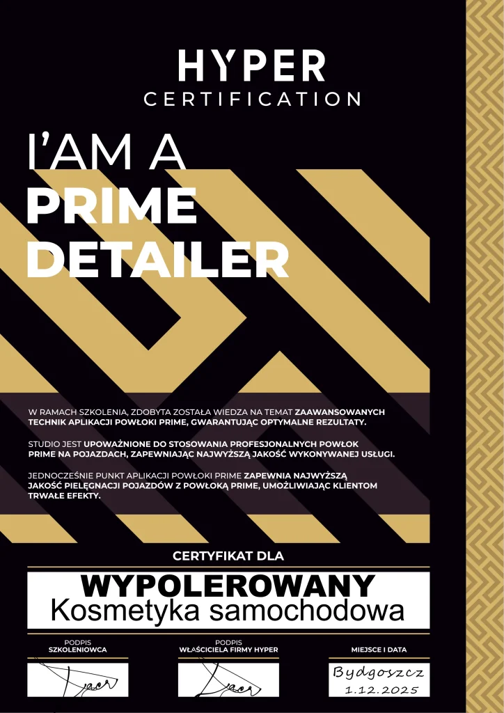 Certyfikat akredytacji studia detailingowego Wypolerowany jako autoryzowany instalator powłok HYPER - Wrocław